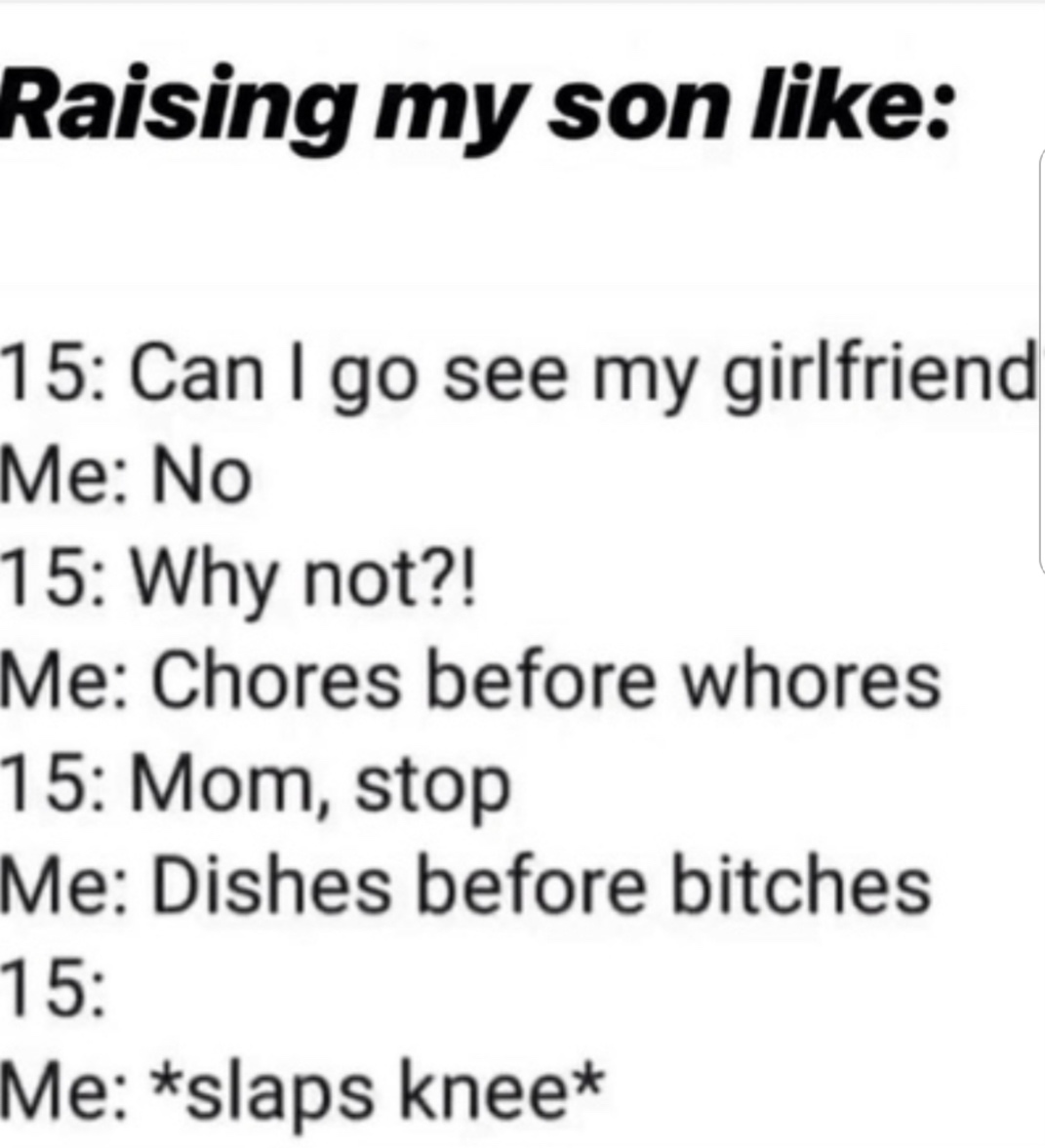 dishes before bitches meme - Raising my son 15 Can I go see my girlfriend Me No 15 Why not?! Me Chores before whores 15 Mom, stop Me Dishes before bitches 15 Me slaps knee