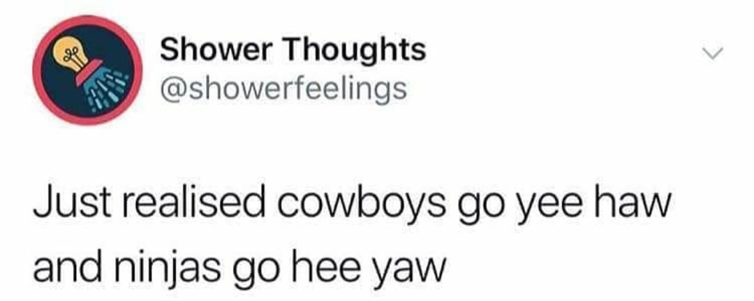 Shower Thoughts Just realised cowboys go yee haw and ninjas go hee yaw