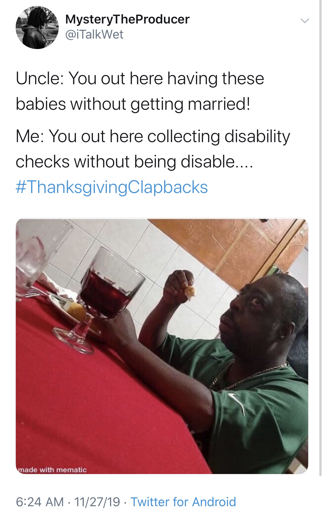 3am fatass meme - MysteryTheProducer Wet Uncle You out here having these babies without getting married! Me You out here collecting disability checks without being disable.... Clapbacks 112719. Twitter for Android