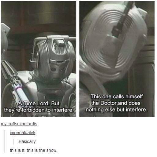 Doctor Who - A Time Lord. But they're forbidden to interfere. This one calls himself the Doctor, and does nothing else but interfere. mycroftsmindtardis imperialdalek Basically this is it. this is the show