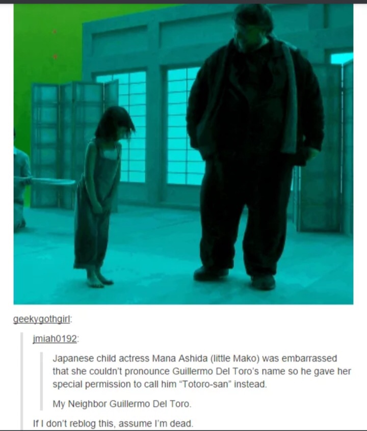 guillermo del toro totoro san - geekygothgirl jmiah0192 Japanese child actress Mana Ashida little Mako was embarrassed that she couldn't pronounce Guillermo Del Toro's name so he gave her special permission to call him "Totorosan" instead. My Neighbor Gui