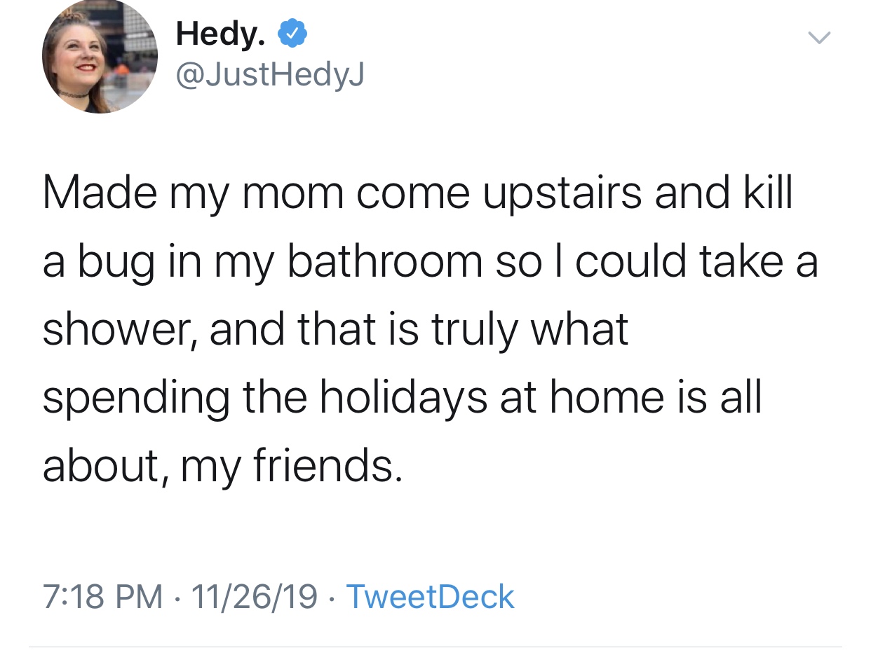 gun control twitter - Hedy Hedy. Made my mom come upstairs and kill a bug in my bathroom sol could take a shower, and that is truly what spending the holidays at home is all about, my friends. 112619 TweetDeck