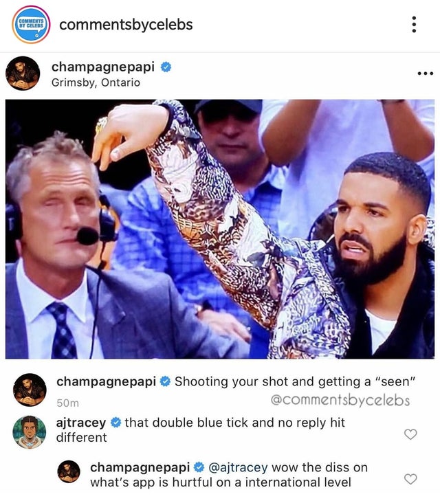 media - firem bycelebs champagnepapi Grimsby, Ontario champagnepapi Shooting your shot and getting a "seen" 50m ajtracey that double blue tick and no hit different champagnepapi wow the diss on what's app is hurtful on a international level