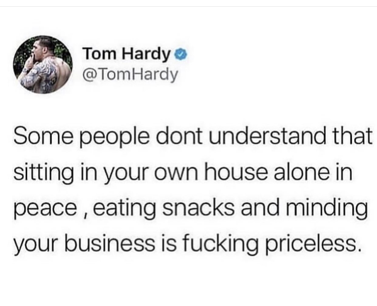 some people don t understand - Tom Hardy Hardy Some people dont understand that sitting in your own house alone in peace, eating snacks and minding your business is fucking priceless.