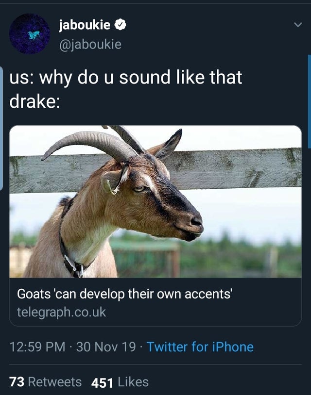 horn - jaboukie us why do u sound that drake Goats 'can develop their own accents' telegraph.co.uk 30 Nov 19. Twitter for iPhone 73 451
