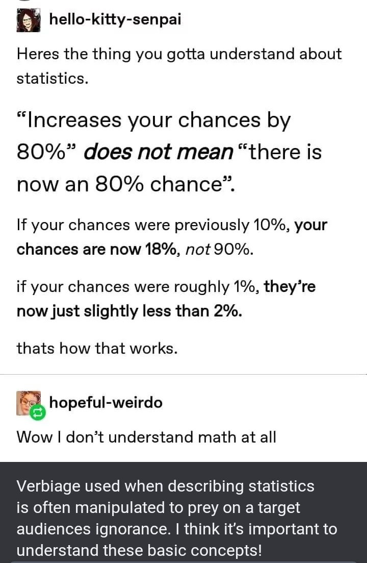 document - hellokittysenpai Heres the thing you gotta understand about statistics. "Increases your chances by 80% does not mean "there is now an 80% chance. If your chances were previously 10%, your chances are now 18%, not 90%. if your chances were rough