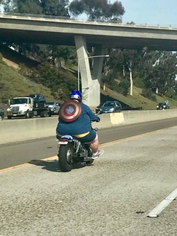 Only in America - fat captain america on motorcycle
