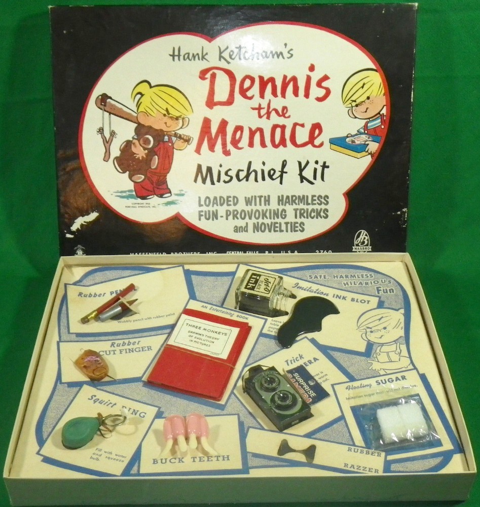 vintage toys - games - Hank Keteran's the Dennis Menace Mischief Kit Loaded With Harmless Fun Provoking Tricks and Novelties mitations Ink Blot Safe, Harmless Hilarious Fun Rubber P Three Monkeys Of Evolution Rubber Cut Finger Trick Era uc Surprise Floati