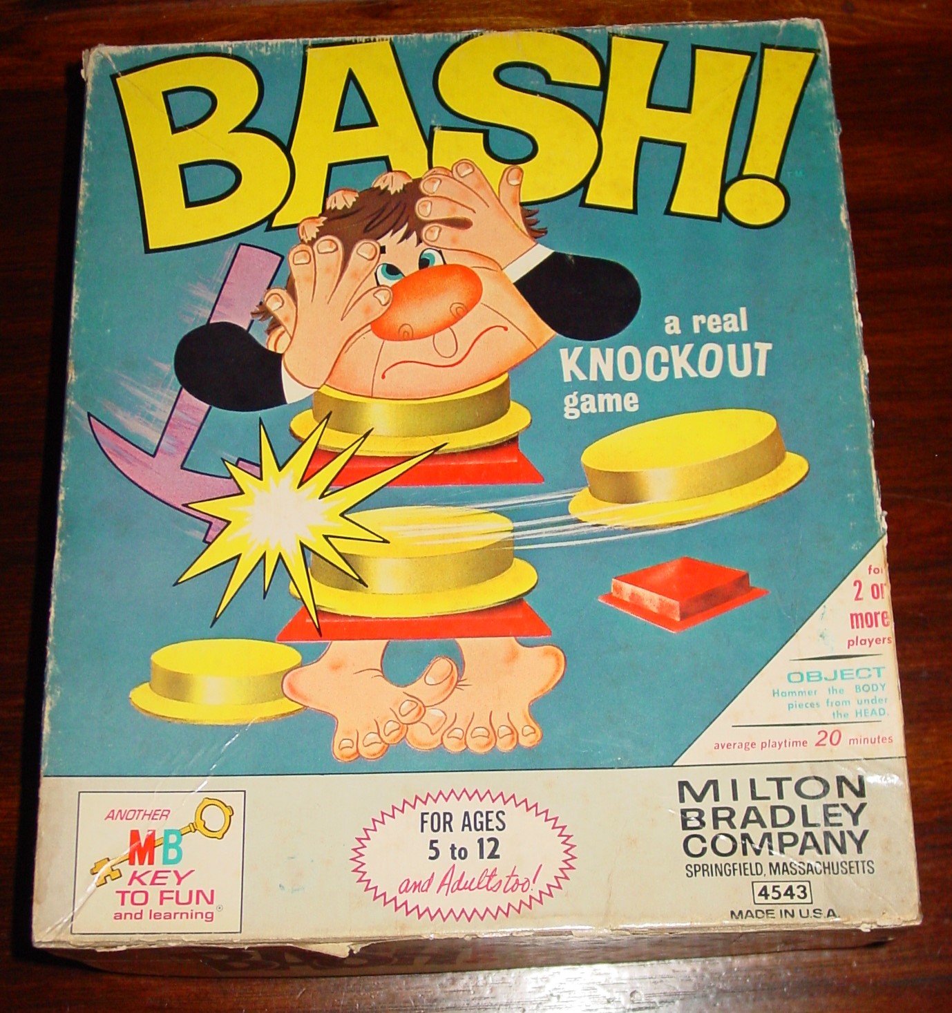 vintage toys - bash game - Bash! a real Knockout game Mote Object 20 Ac Www For Ages 5 to 12 and Adultitool www Milton Bradley Company Springfield, Massachusetts 4543 Made In Usa Skey To Fun