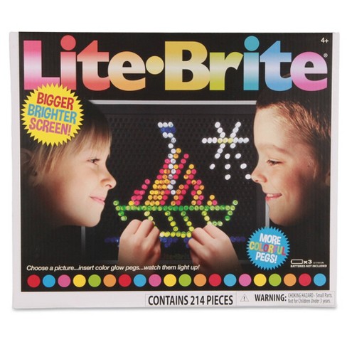vintage toys - lite brite - TiteBrite Bigger Brighter Escreen! 710 Co oce 000 More Co Or Ule Pegs! Choose a picture...insert color glow pegs...watch them light up! 000000000000000000 Contains 214 Pieces Anita INICIADIPre Wadning.Com Warning ronder vinde i