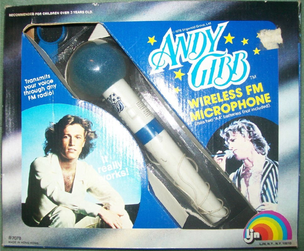 vintage toys - andy gibb microphone - Recommended For Children Over 3 Years Old. 1978 Stigwood Group, Lid Nndy Tm Transmits your voice through dny Fm radio! Vireless Fm Microphone Uses two Aa batteries not included. orks Gin Made In Hong Kong Ljn, N.Y., N