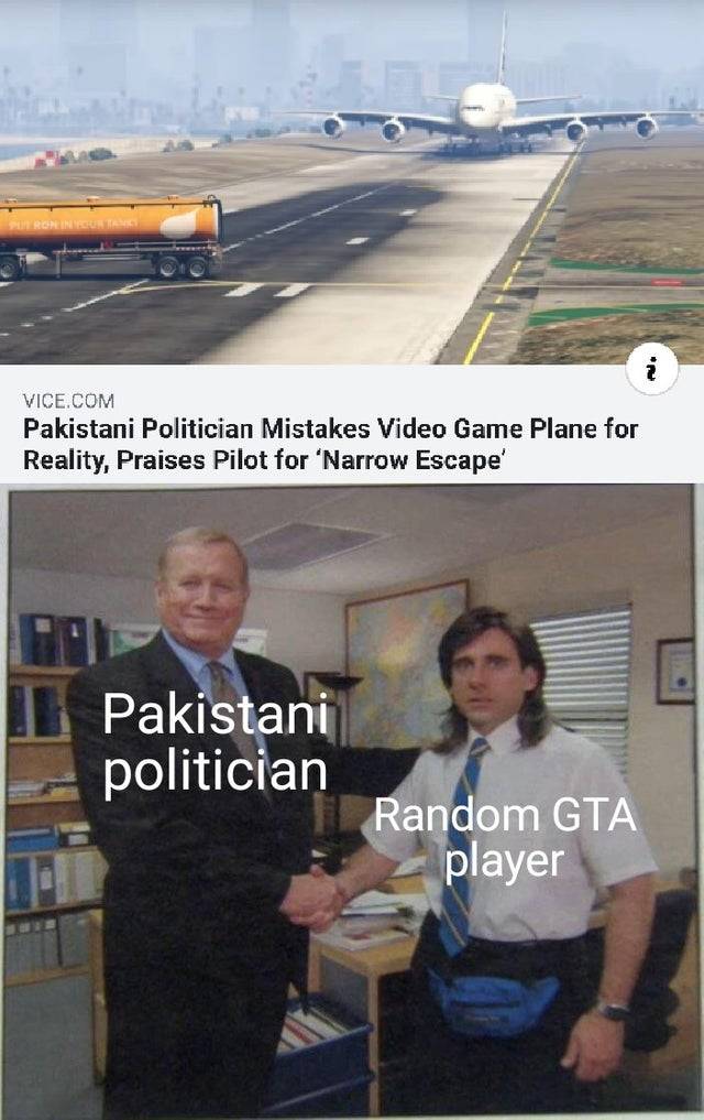 the office - steve carell handshake meme - Promineret Vice.Com Pakistani Politician Mistakes Video Game Plane for Reality, Praises Pilot for 'Narrow Escape Pakistani politician Random Gta player
