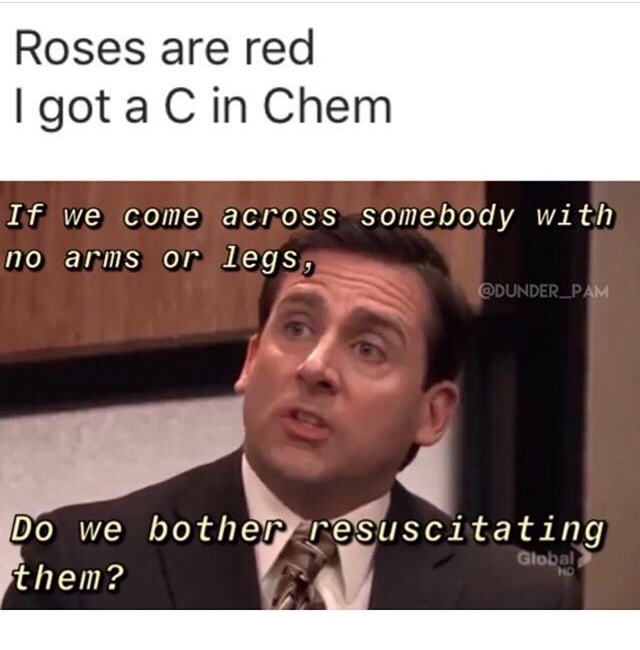 the office - if we come across somebody with no arms or legs - Roses are red I got a C in Chem If we come across somebody with no arms or legs, DUNDER_PAM Do we bother resuscitating them? Global