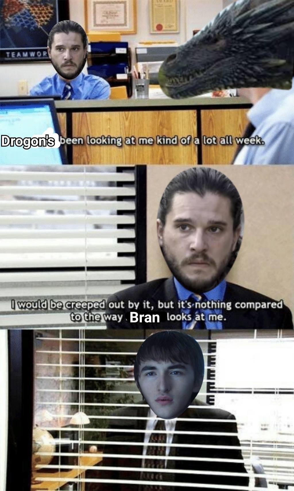 the office - office ryan quotes - Teamwor Drogon's been looking at me kind of a lot all week. I would be creeped out by it, but it's nothing compared to the way Bran looks at me. mmmmm