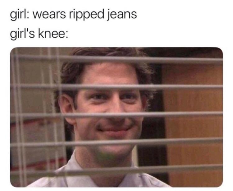 the office - tekashi 69 office meme - girl wears ripped jeans girl's knee