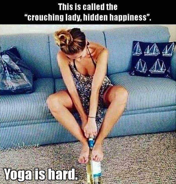 sunday night yoga - This is called the crouching lady, hidden happiness". Yoga is hard.