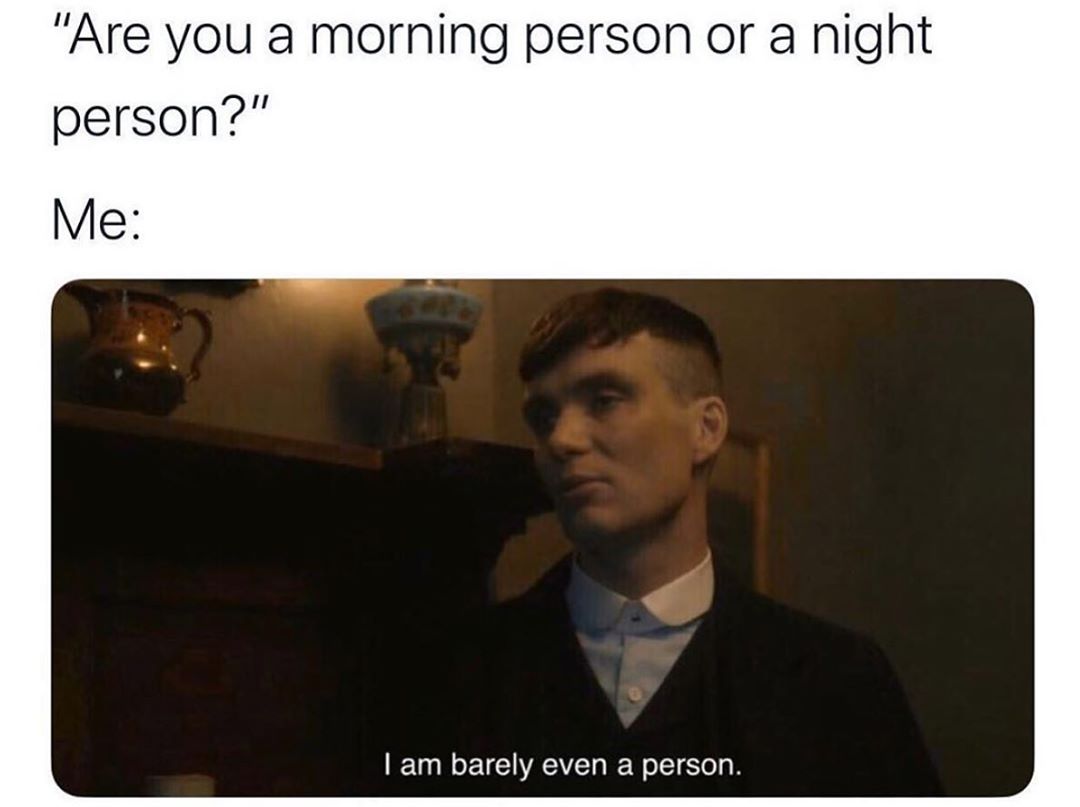 Internet meme - "Are you a morning person or a night person?" Me Tam barely even a person.