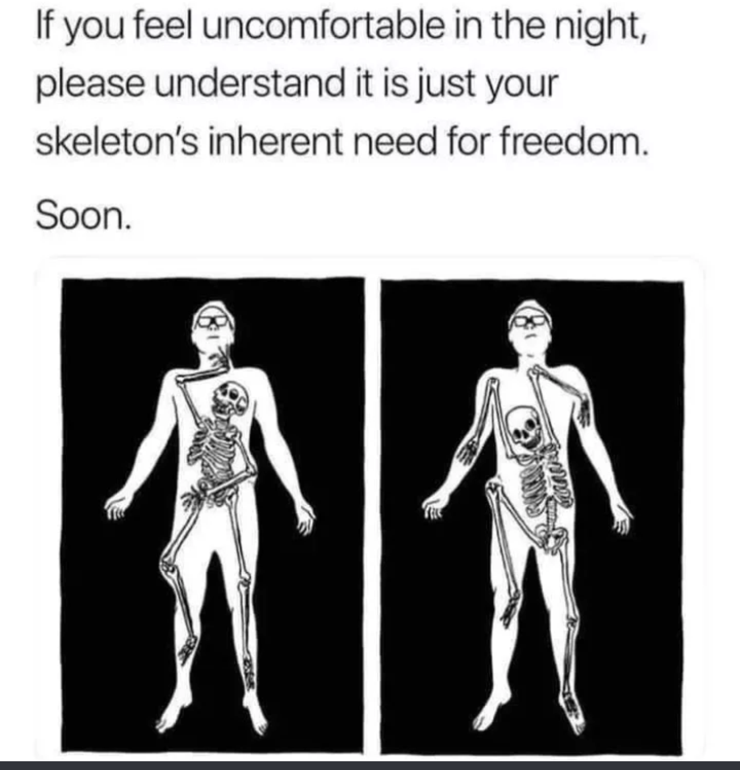 skeleton memes - If you feel uncomfortable in the night, please understand it is just your skeleton's inherent need for freedom. Soon.