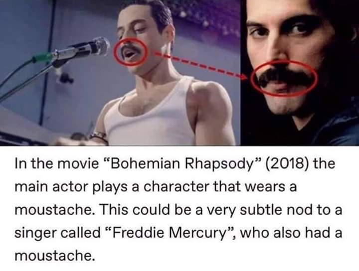 freddie mercury mustache memes - In the movie Bohemian Rhapsody" 2018 the main actor plays a character that wears a moustache. This could be a very subtle nod to a singer called "Freddie Mercury", who also had a moustache.