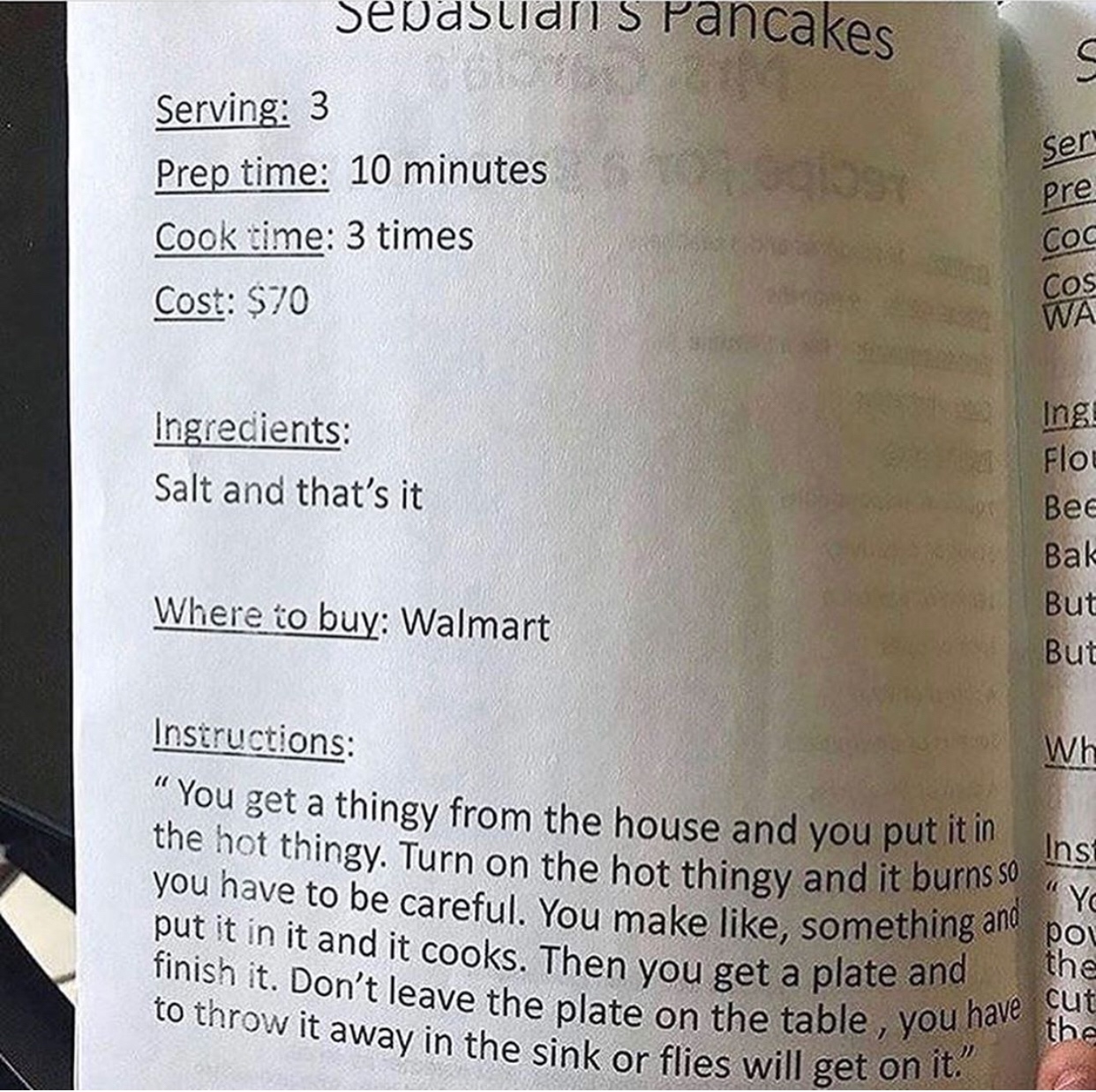 pre k class cookbook - Sepasuan s Pancakes Serving 3 Prep time 10 minutes ios Cook time 3 times Cost $70 ser pre Ingredients Salt and that's it Inge Flot Bee Bak But But Where to buy Walmart Wh Instructions "You get a thingy from the house and you put the
