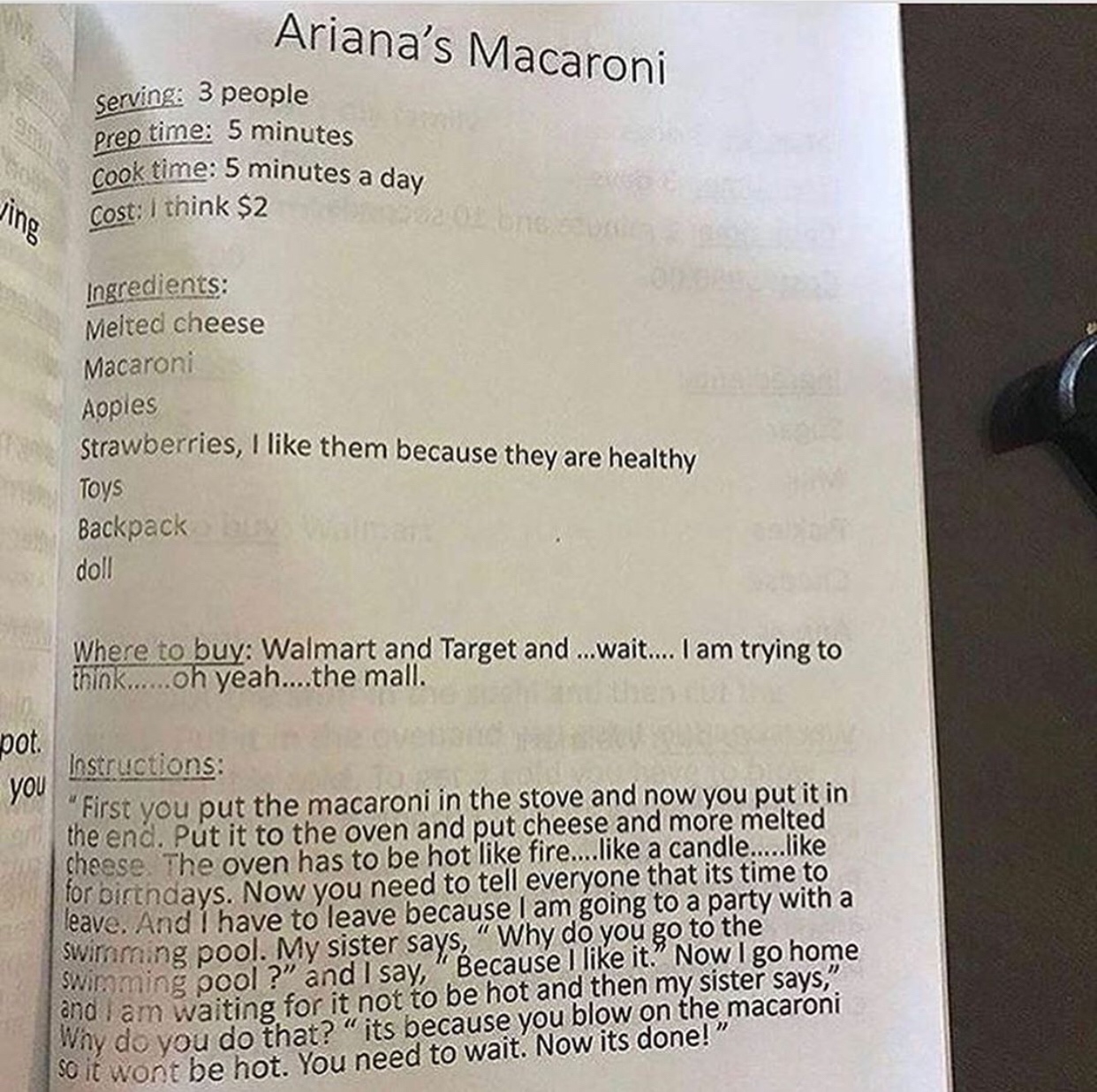 kids cookbook twitter - Ariana's Macaroni Serving 3 people Prep time 5 minutes rook time 5 minutes a day Cost I think $2 Ingredients Melted cheese Macaroni Aopies Strawberries, I them because they are healthy Toys Backpack doll Where to buy Walmart and Ta