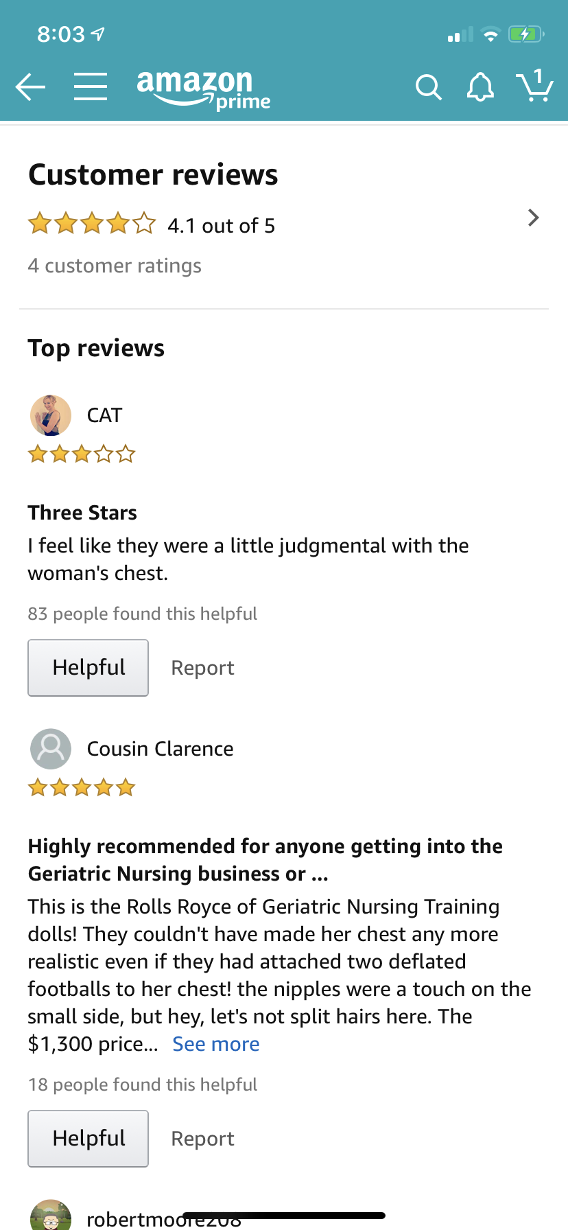 web page - 4 f amazon ao v prime Customer reviews 4.1 out of 5 4 customer ratings Top reviews Necat Three Stars I feel they were a little judgmental with the woman's chest. 83 people found this helpful Helpful Report a Cousin Clarence Highly recommended f