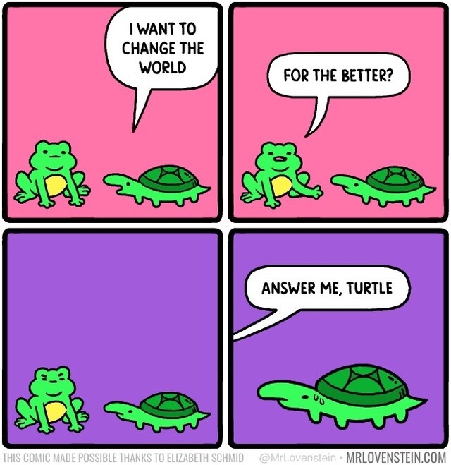 answer me turtle - I Want To Change The World For The Better? Answer Me, Turtle This Comic Made Possible Thanks To Elizabeth Schmid Mrlovenstein.Com