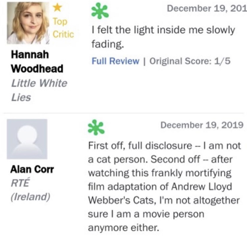 web page - December 19, 201 Top Critic I felt the light inside me slowly fading. Full Review | Original Score 15 Hannah Woodhead Little White Lies Alan Corr Rt First off, full disclosure I am not a cat person. Second off after watching this frankly mortif