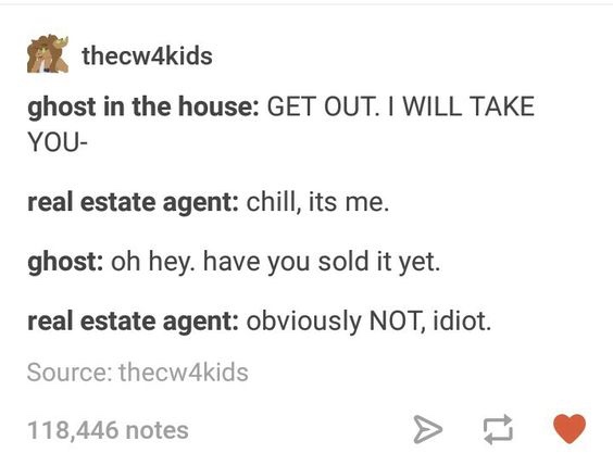 dialogue funny - thecw4kids ghost in the house Get Out. I Will Take You real estate agent chill, its me. ghost oh hey. have you sold it yet. real estate agent obviously Not, idiot. Source thecw4kids 118,446 notes