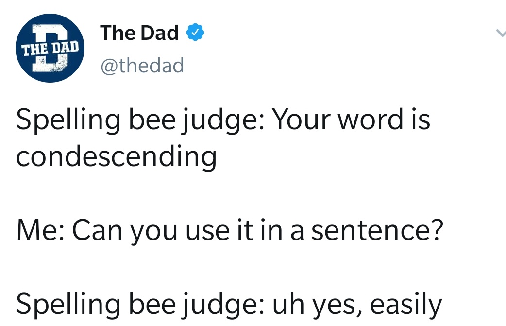 angle - The Dad The Dad Spelling bee judge Your word is condescending Me Can you use it in a sentence? Spelling bee judge uh yes, easily