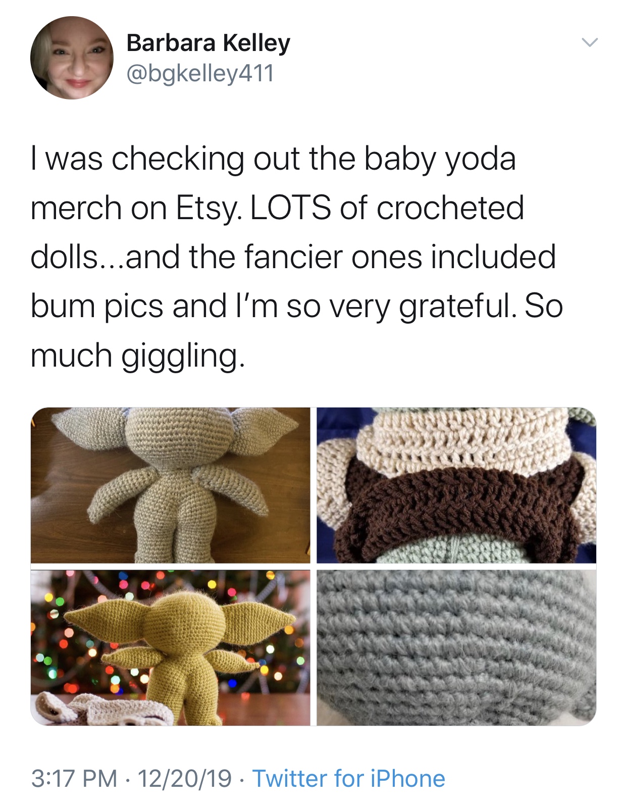 peter tingle meme - Barbara Kelley I was checking out the baby yoda merch on Etsy. Lots of crocheted dolls...and the fancier ones included bum pics and I'm so very grateful. So much giggling. 122019 Twitter for iPhone