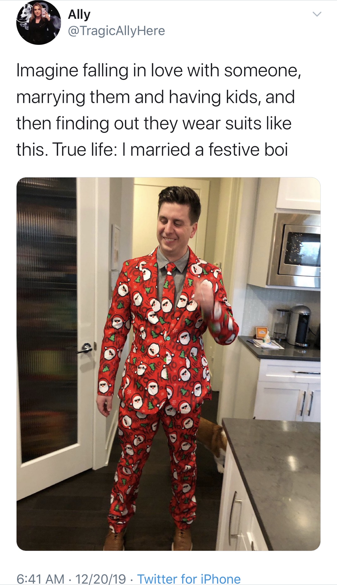 costume - Ally Here Imagine falling in love with someone, marrying them and having kids, and then finding out they wear suits this. True life I married a festive boi . 122019. Twitter for iPhone
