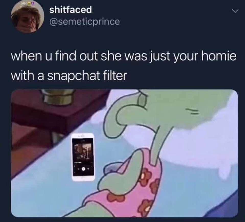 you find out she was just your homie with a snapchat filter - shitfaced when u find out she was just your homie with a snapchat filter