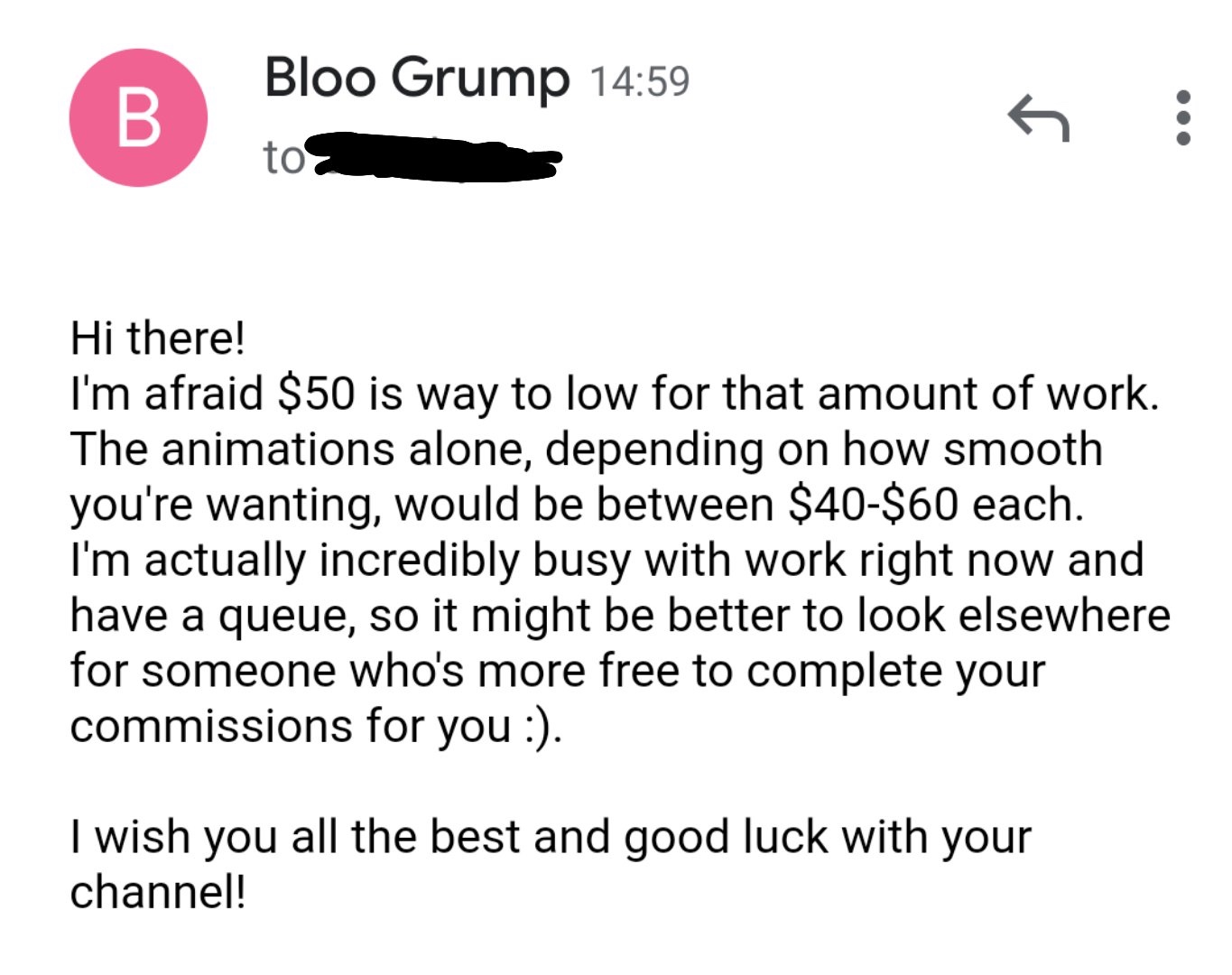 angle - Bloo Grump to Hi there! I'm afraid $50 is way to low for that amount of work. The animations alone, depending on how smooth you're wanting, would be between $40$60 each. I'm actually incredibly busy with work right now and have a queue, so it migh