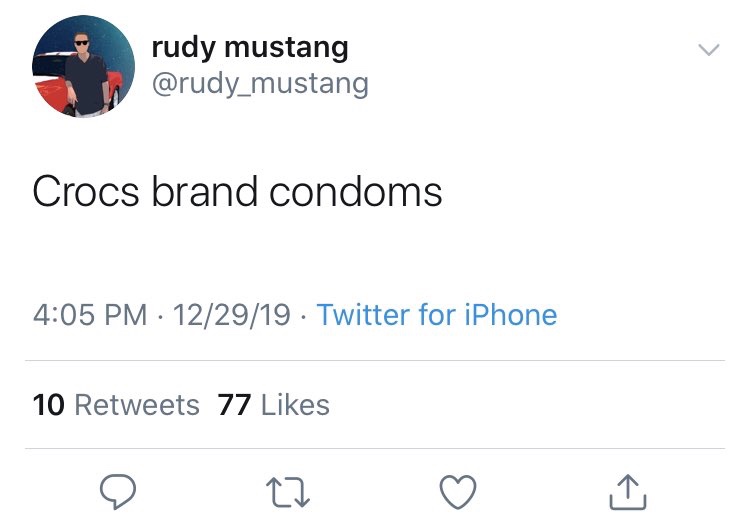 angle - rudy mustang Crocs brand condoms 122919. Twitter for iPhone 10 77