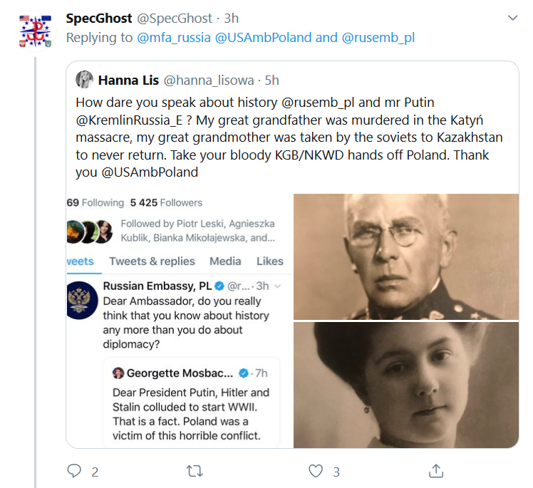 jaw - SpecGhost 3h and Hanna Lis . 5h How dare you speak about history and mr Putin Russia_E ? My great grandfather was murdered in the Katy massacre, my great grandmother was taken by the soviets to Kazakhstan to never return. Take your bloody KgbNkwd ha