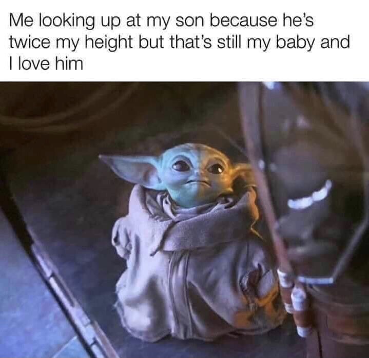 mandalorian meme - Me looking up at my son because he's twice my height but that's still my baby and I love him
