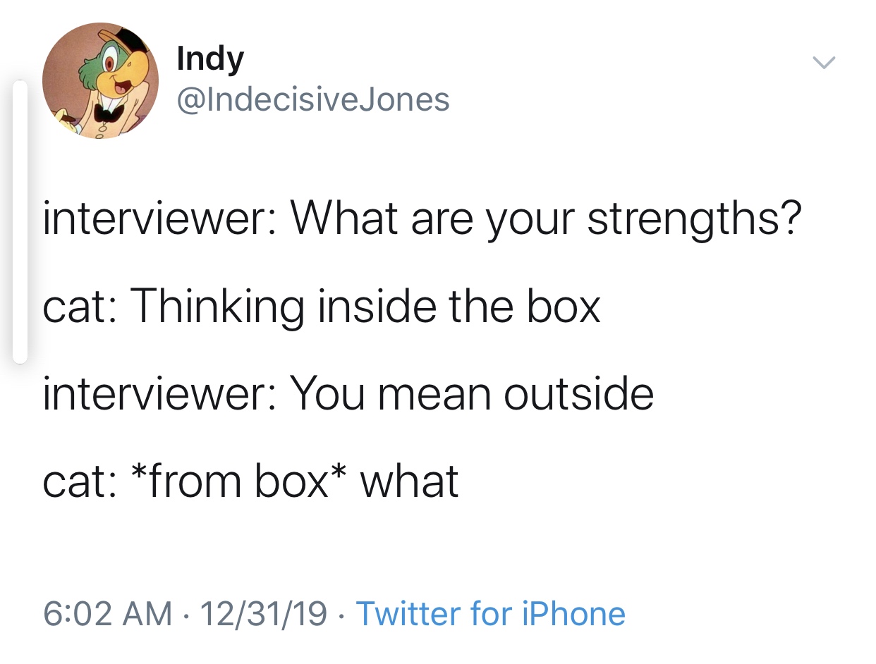 angle - Indy interviewer What are your strengths? cat Thinking inside the box interviewer You mean outside cat from box what 123119 Twitter for iPhone