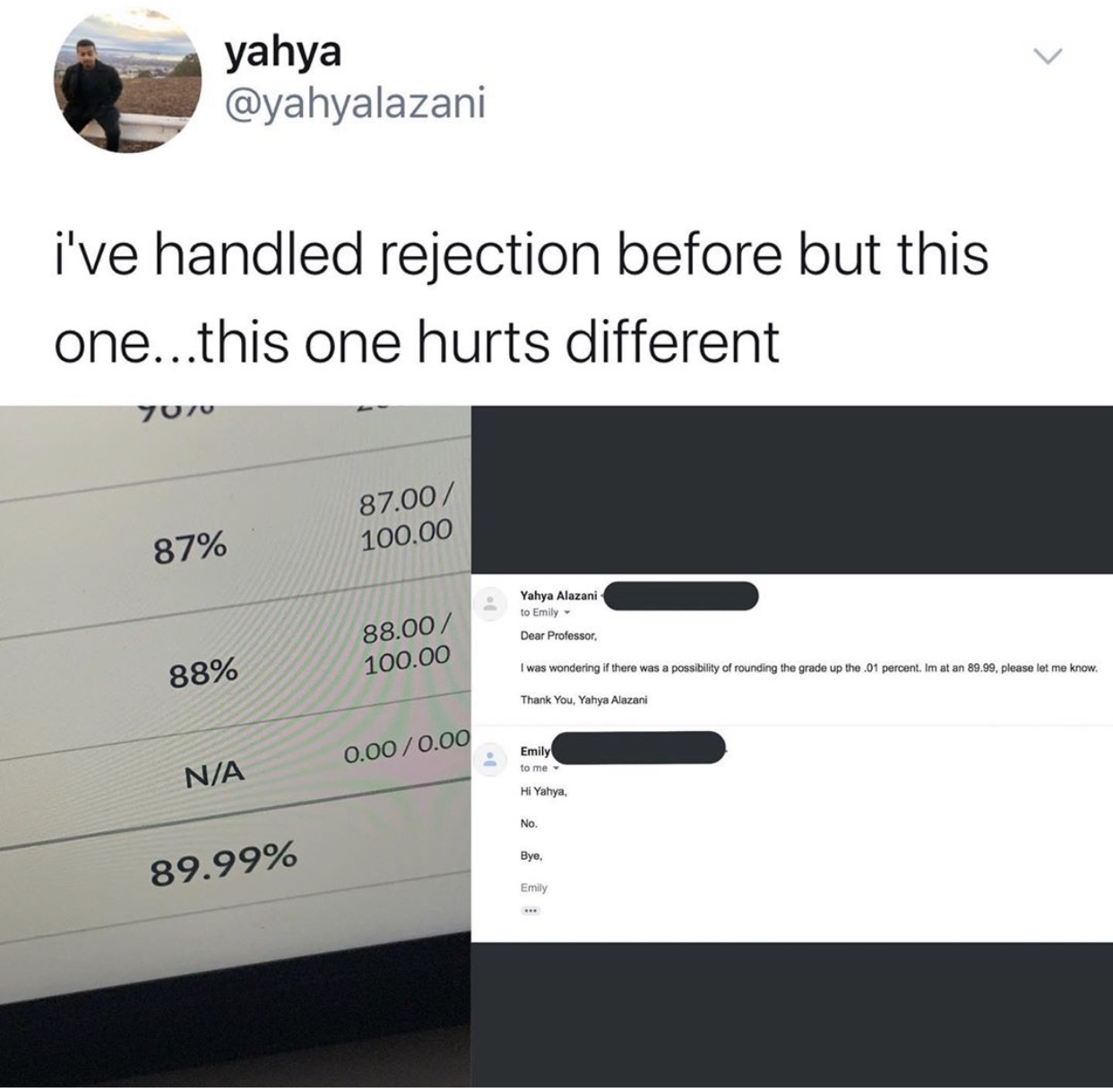 material - yahya i've handled rejection before but this one...this one hurts different yur 87.00 100.00 87% Yahya Alazani to Emily Dear Professor 88.00 100.00 88% I was wondering if there was a possibility of rounding the grade up the .01 percent. Im at a