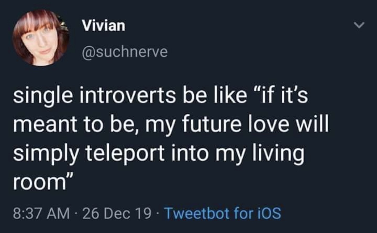 presentation - Vivian single introverts be if it's meant to be, my future love will simply teleport into my living room 26 Dec 19. Tweetbot for iOS