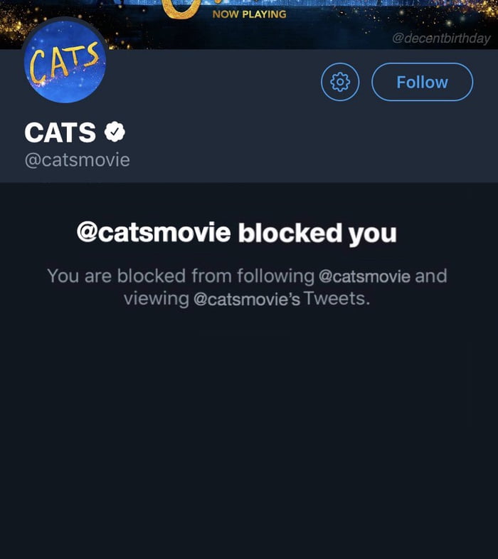 screenshot - Now Playing Cats cm3 Cats blocked you You are blocked from ing and viewing 's Tweets.