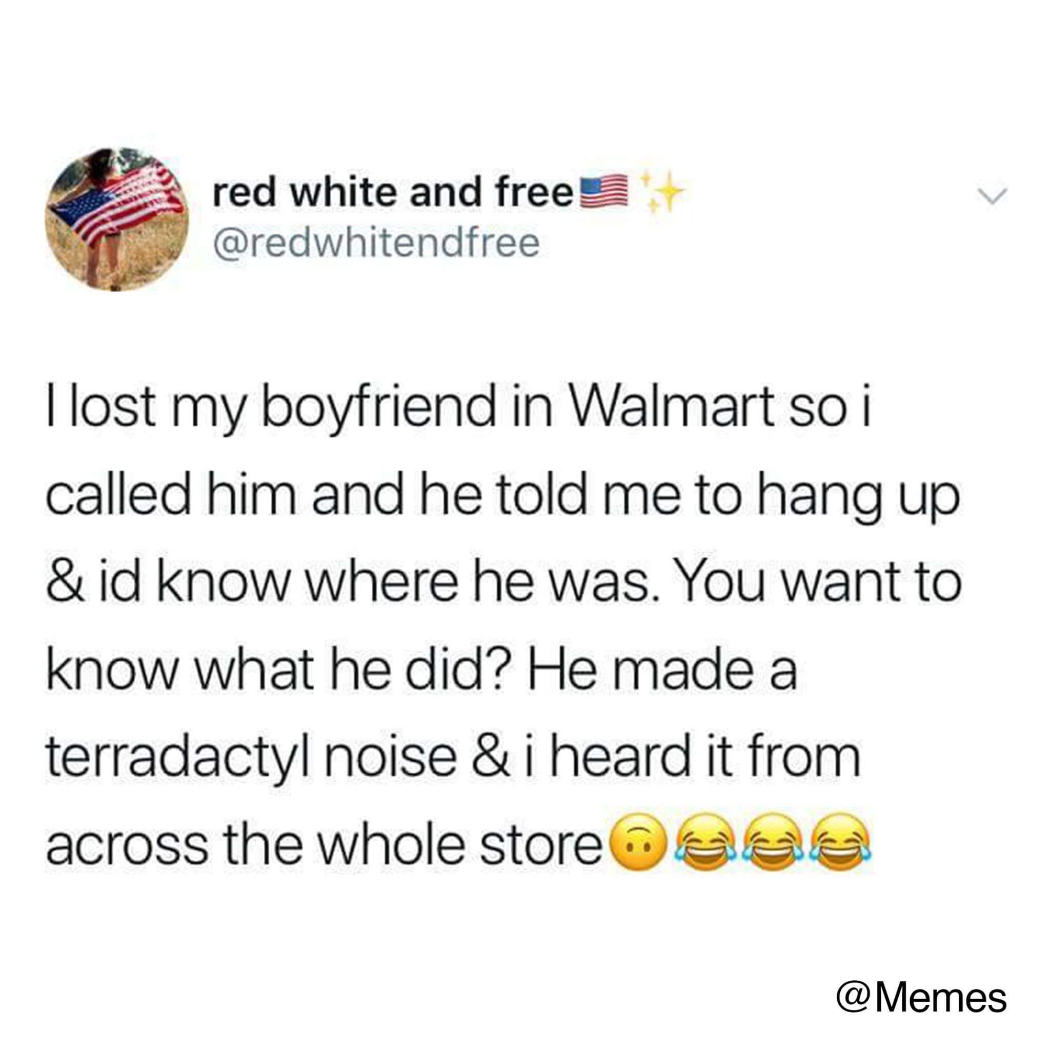 point - red white and free I lost my boyfriend in Walmart so i called him and he told me to hang up & id know where he was. You want to know what he did? He made a terradactyl noise & i heard it from across the whole store e s