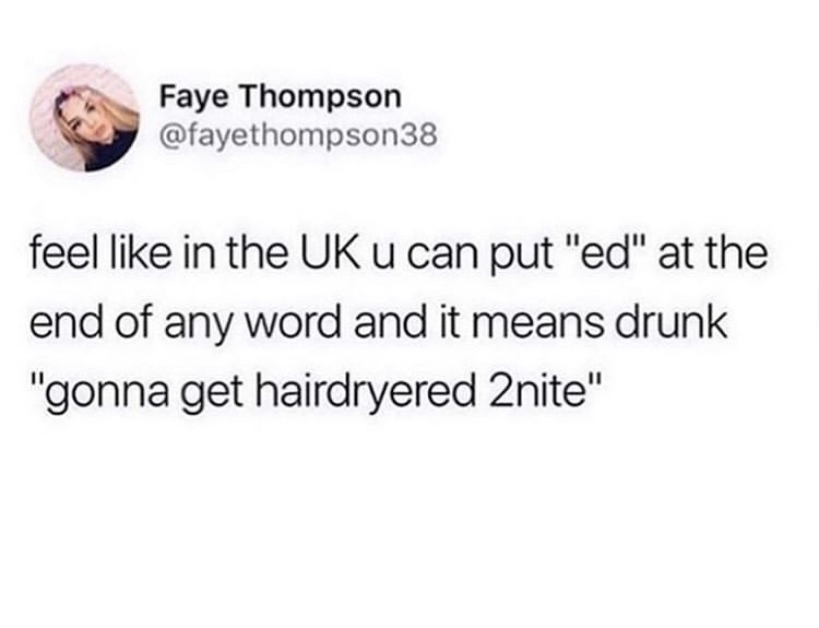 memes to pass time - Faye Thompson feel in the Uk u can put "ed" at the end of any word and it means drunk "gonna get hairdryered 2nite"