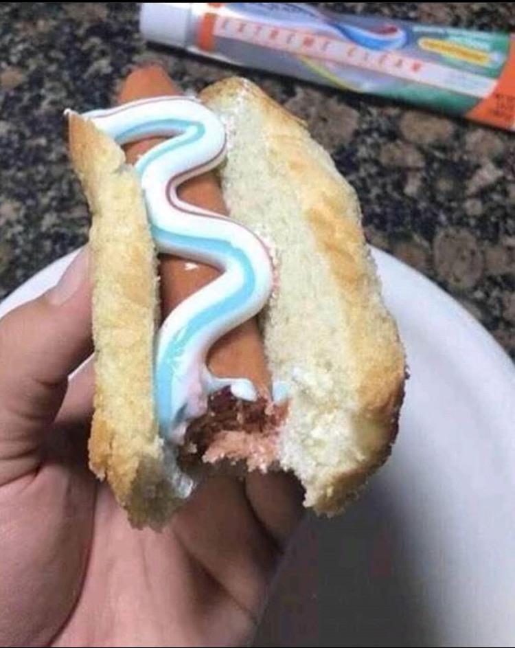 toothpaste on hot dog