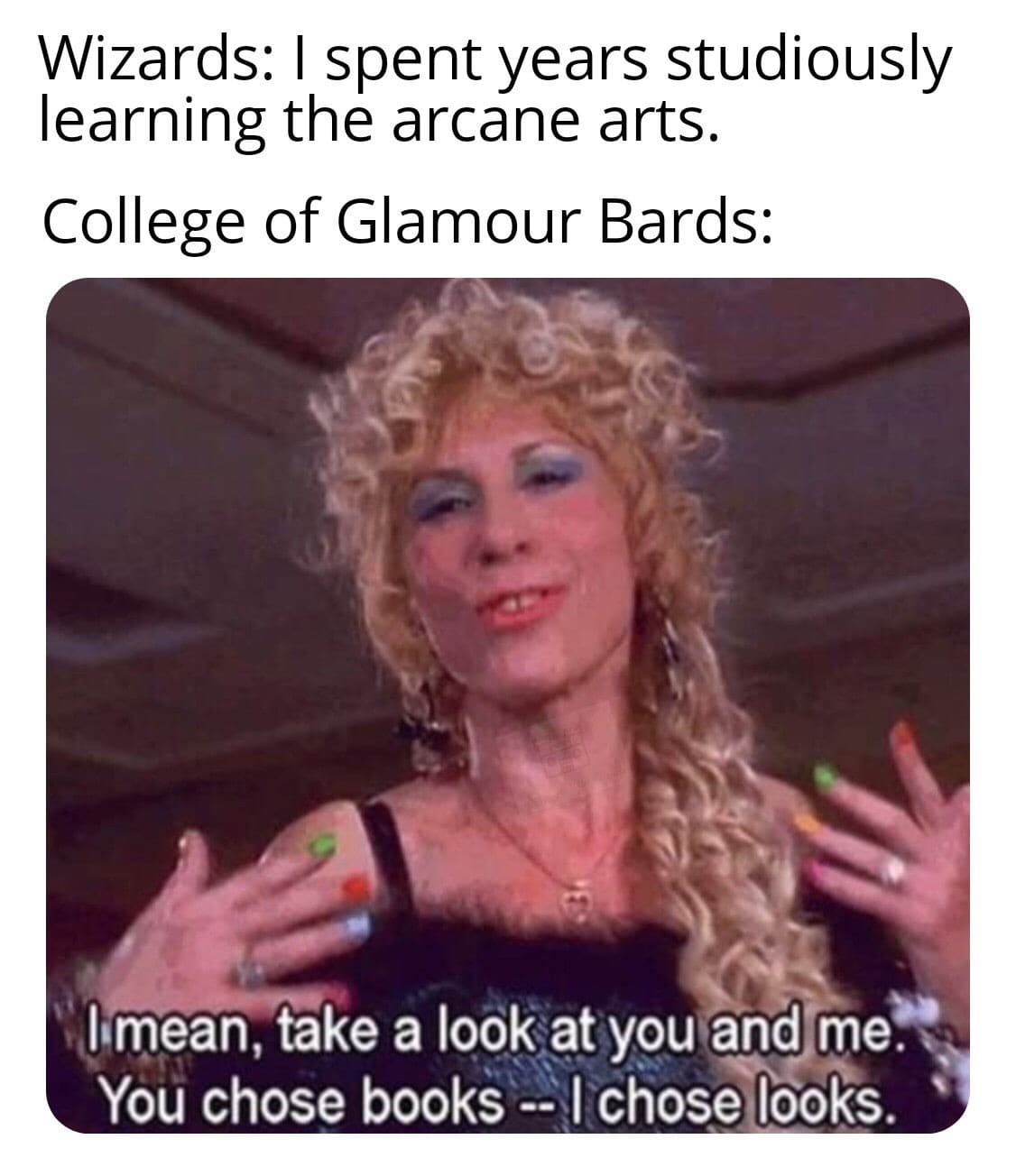 d&d memes - Wizards I spent years studiously learning the arcane arts. College of Glamour Bards I mean, take a look at you and me. You chose books I chose looks.