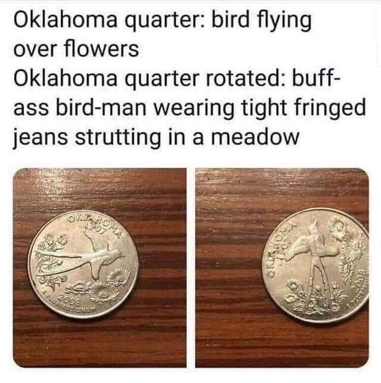 oklahoma quarter meme - Oklahoma quarter bird flying over flowers Oklahoma quarter rotated buff ass birdman wearing tight fringed jeans strutting in a meadow Ok