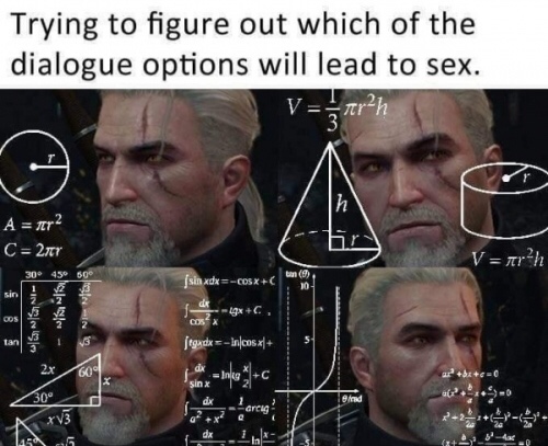 witcher meme - Trying to figure out which of the dialogue options will lead to sex. V nr2h A nr2 C 2107 _Varh sin xdxC0SXC C Sist Islas is 13 Cos tgude Incosx X3 G eras?