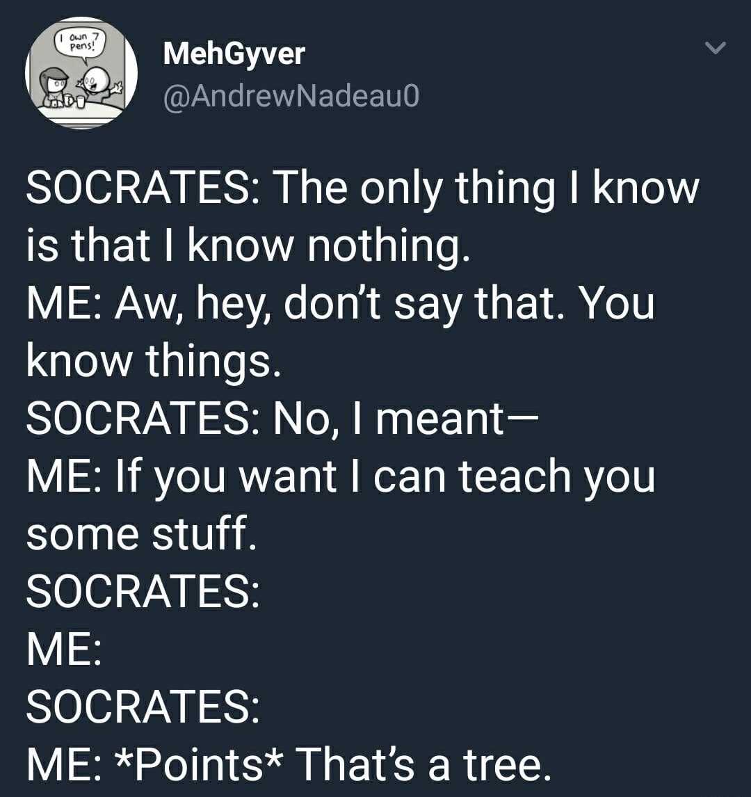 angle - I own 7 pens! MehGyver Socrates The only thing I know is that I know nothing. Me Aw, hey, don't say that. You know things. Socrates No, I meant Me If you want I can teach you some stuff. Socrates Me Socrates Me Points That's a tree.