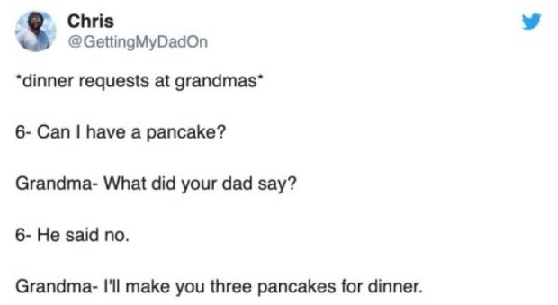 document - Chris MyDadon "dinner requests at grandmas 6 Can I have a pancake? Grandma What did your dad say? 6 He said no. Grandma I'll make you three pancakes for dinner.