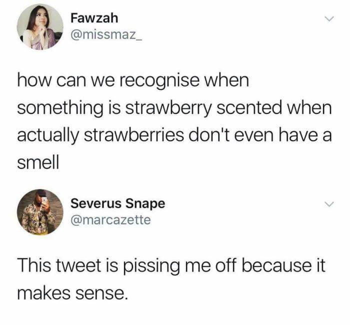 strawberry smell meme - Fawzah how can we recognise when something is strawberry scented when actually strawberries don't even have a smell Severus Snape This tweet is pissing me off because it makes sense.